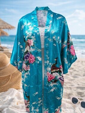 🌴🦚 Teal Floral Kimono – Beach Cover-Up / Boho Summer Layer – Peacock Print